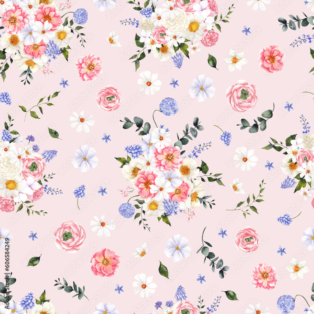 Watercolor seamless pattern with delicate spring flowers, isolated on colored background