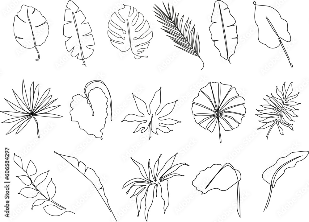 Obraz premium Tropical leaves one line drawing.Continuous line drawing of tropical palm leaf.Single one line exotic flowers and palm leaf .Leaves outline sketch.Jungle plant leaf line art.Set tropical leaves.