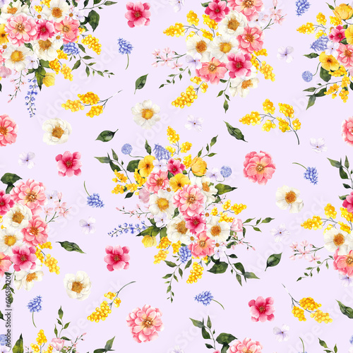 Watercolor seamless pattern with delicate spring flowers, isolated on colored background