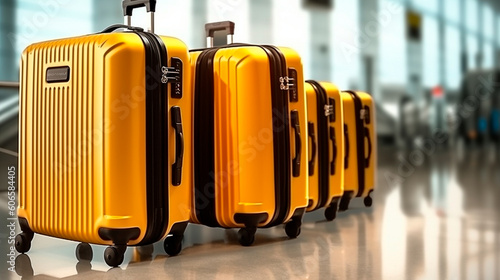 Travel Concept with luggage in Airport. Black and Yellow Suitcases in Airport Terminal. Generative AI
