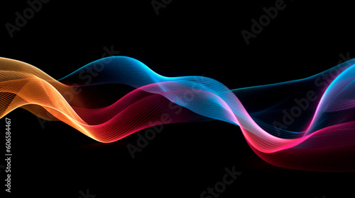 Wave lines trails flowing dynamic in diverse colors isolated on black background. Abstract futuristic background, science, digital and communication concept . Generative AI