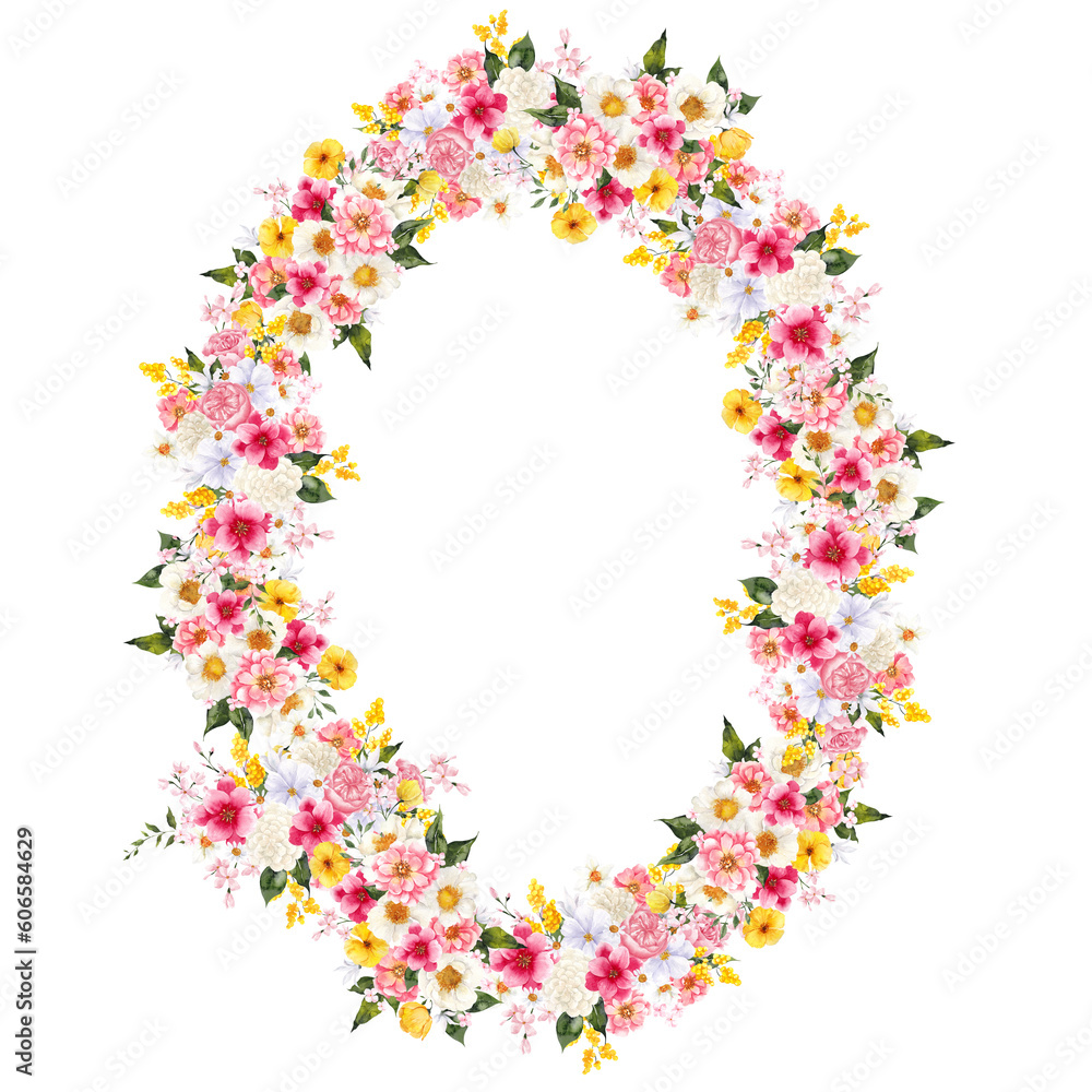 Wreath with spring wildflowers, mimosa, lilly, rose, poppy isolated on white background