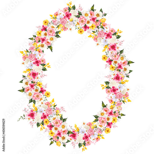 Wreath with spring wildflowers, mimosa, lilly, rose, poppy isolated on white background