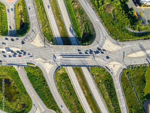 Aerial, drone, afternoon photo of a diverging diamond interchange (DDI), located in Woodbury, NY.	