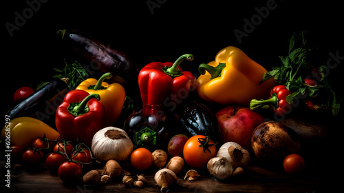 different fresh vegetables on black background, generative ai