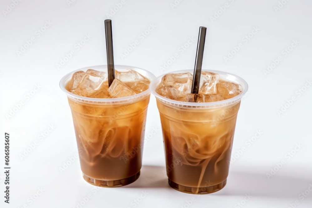 Iced coffee in plastic cups with straw isolated Cinematic Editorial Food Photography Iced coffee in plastic cups with straw isolated Cinematic Editorial Food Photography