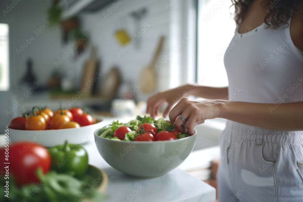 Crop woman cooking healthy salad in kitchen. Created with AI