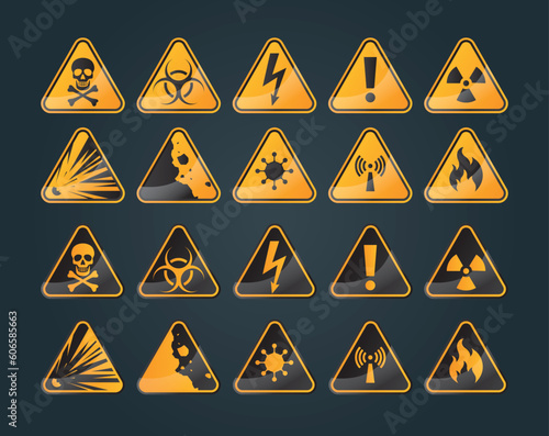 set of danger and prevention signs, high voltage care, biohazard, toxic, various prevention signs photo