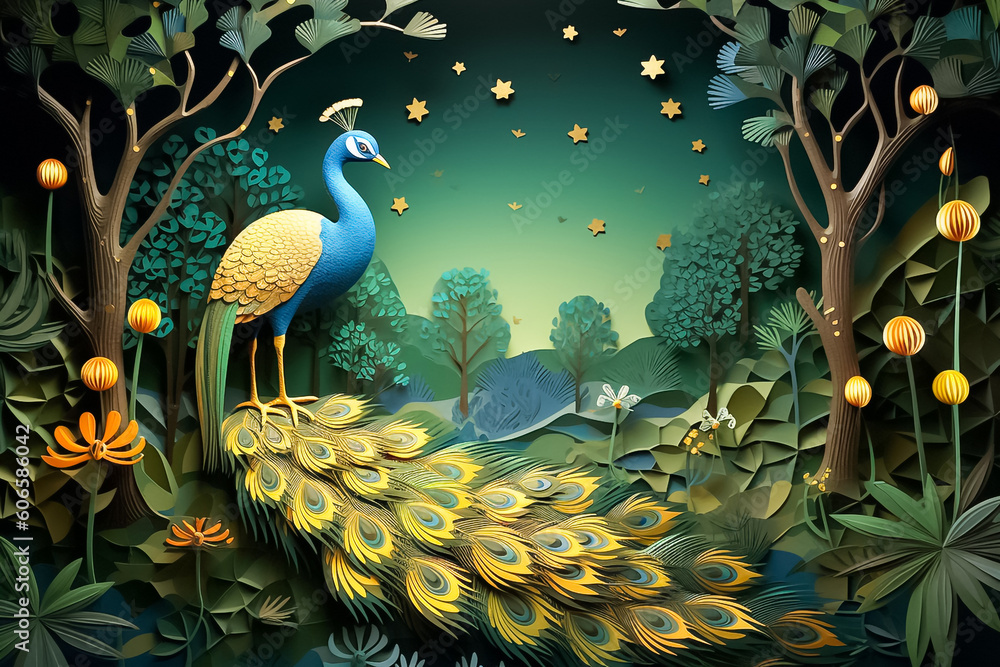 With expert precision and skillful artistry, this paper cut captures the enchanting beauty of Peacock in a nighttime forest, scheme of dark blue and gold. generative AI.