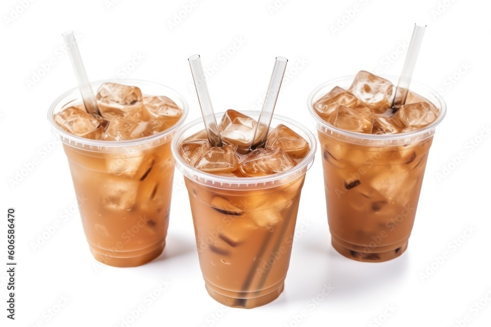 Iced coffee in plastic cups with straw isolated Cinematic Editorial Food Photography Iced coffee in plastic cups with straw isolated Cinematic Editorial Food Photography