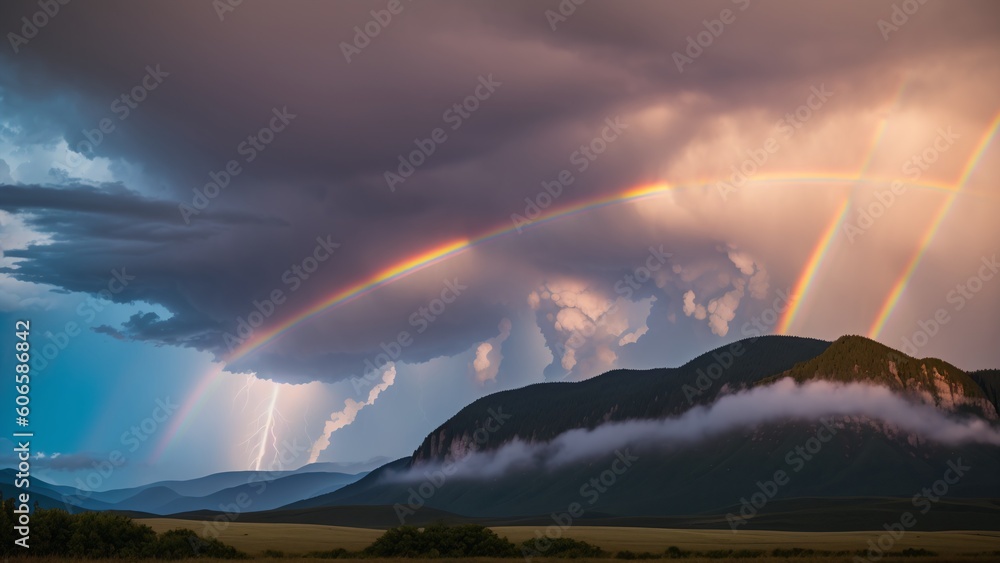 An Artful Depiction Of A Stunningly Beautiful Mountain Scene With A Rainbow