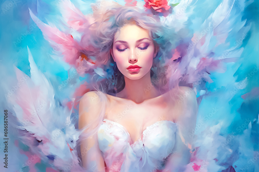 An enchanting and captivating piece of abstract art showcasing a girl depicted on canvas, adorned with delicate flowers that evoke a sense of serenity and tranquility. generative AI.