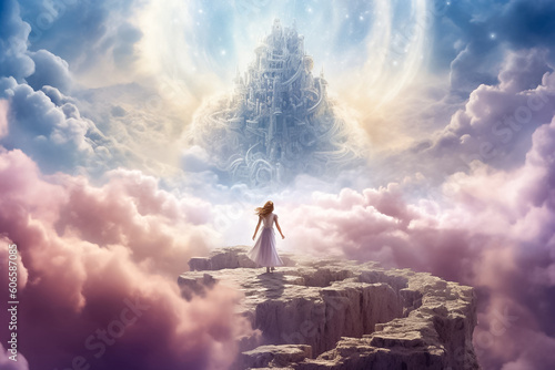 An enchanting vision of a white, angelic cloud formation resembling a heavenly paradise, with a captivating spiral pattern gracefully adorning the sky.