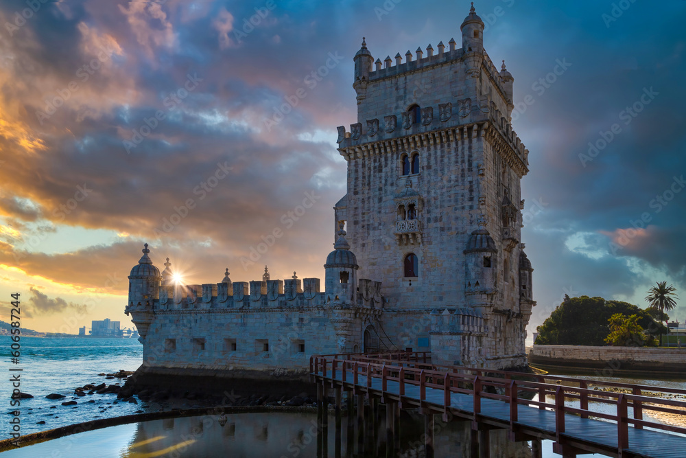 Portugal, Lisbon, Belem Tower at sunset on the bank of the Tagus River.