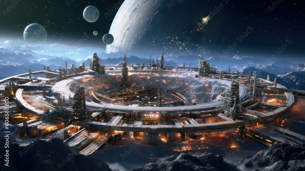 Massive space station orbiting a distant planet or a futuristic spaceport bustling with intergalactic travelers and traders Massive space station orbiting a distant planet or a futuristic spaceport bustling with intergalactic travelers and traders