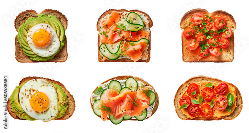 Healthy breakfast vegetarian sandwiches isolated on transparent background. Generative AI