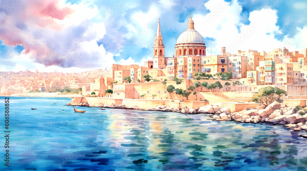 Illustration of beautiful view of Valletta, Malta - obrazy, fototapety, plakaty 