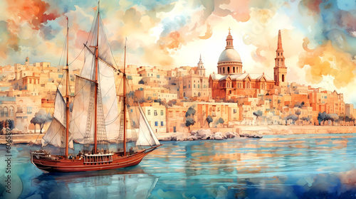 Illustration of beautiful view of Valletta, Malta © Aleh Varanishcha