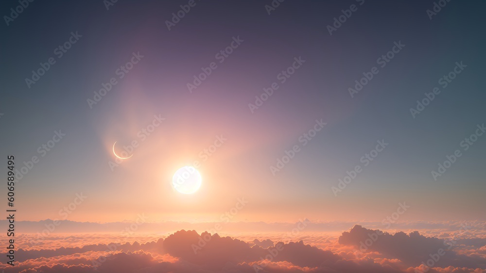 A Picture Of A Vivid Sunset With A Crescent And A Star