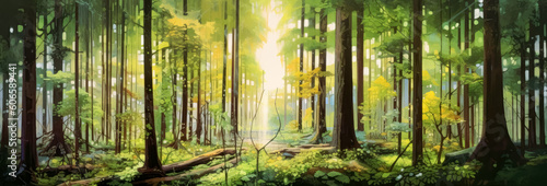 Sun God rays light shining on trees. Generative Ai Illustration. 