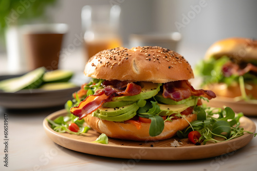 Fresh bagel with bacon, avocado, tomatoes and green salad on wooden plate, close up on light background. AI generated.