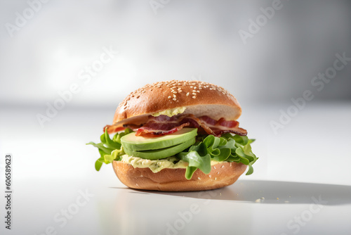 Fresh bagel bun with bacon  avocado and green salad on white table  light background. Copy space. AI generated.