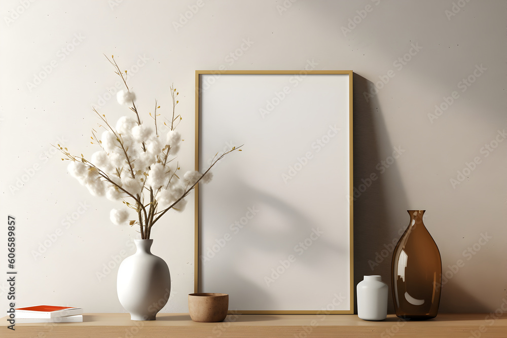 Frame poster mockup, scandinavian style interior with summer flowers in a vase and home decoration on empty neutral white wall background. Generated AI. Frame poster mockup, scandinavian style interior with summer flowers in a vase and home decoration on empty neutral white wall background. Generated AI.
