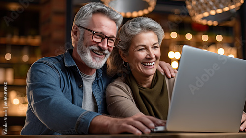 Senior middle aged happy couple embracing using laptop together, smiling elderly family reading news, shopping online at home, social networking concept. Generative AI