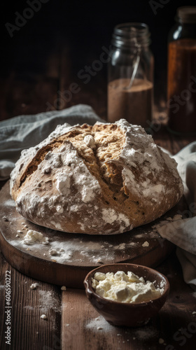 A Soda Bread on a Rustic Wooden Table
