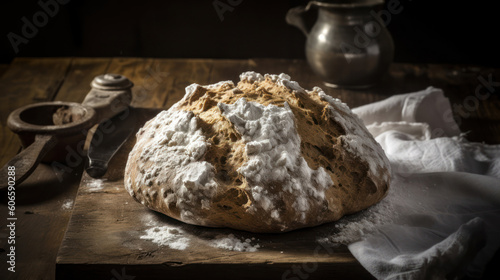 A Soda Bread on a Rustic Wooden Table