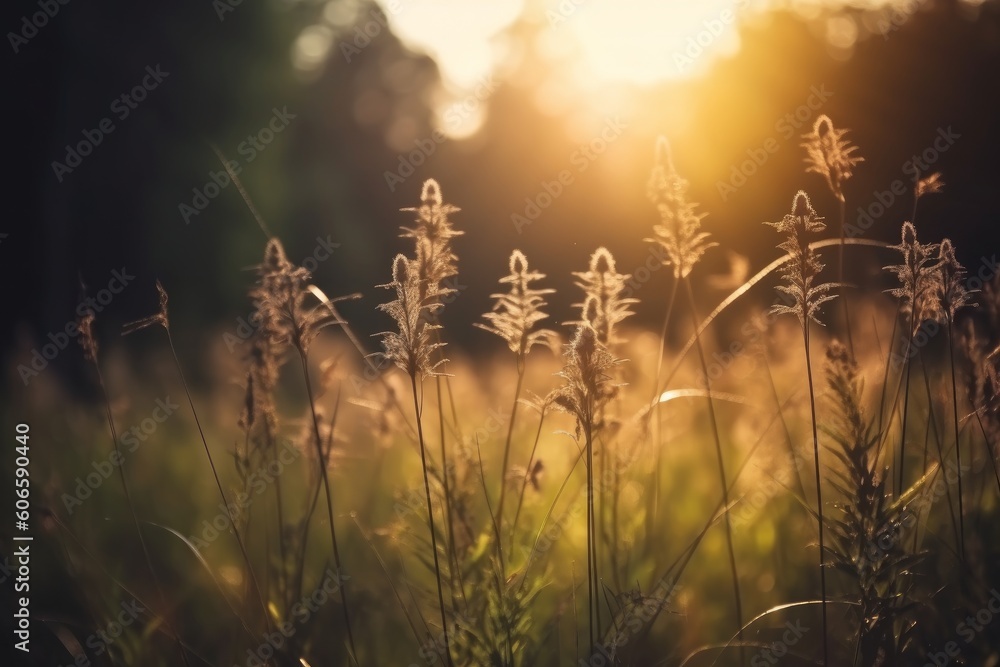 Wild grass in the forest at sunset, macro image, Generative ai Wild grass in the forest at sunset, macro image, Generative ai