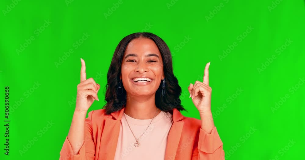 Business woman, green screen and face with pointing up to mockup space for announcement. Studio, female person and employee portrait with a smile showing product placement and deal coming soon Business woman, green screen and face with pointing up to mockup space for announcement. Studio, female person and employee portrait with a smile showing product placement and deal coming soon