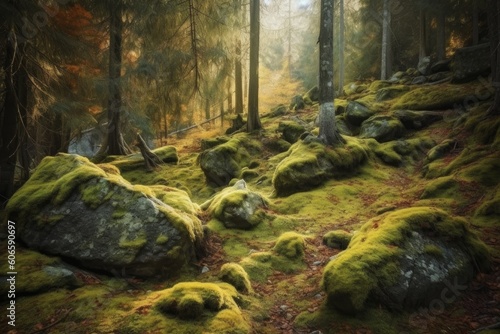 Wilderness landscape forest with pine trees and moss on rocks  Generative ai