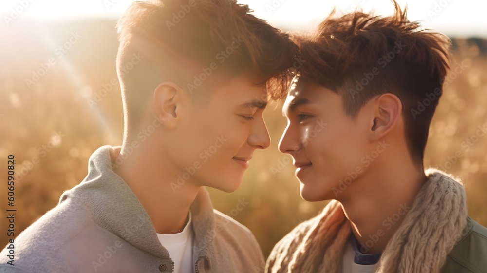 Happy multinational, Asian, gay couple enjoying a walk in the park together during a date, sunlight, smiling, laughing, LGBT couple concept, AI Generated Happy multinational, Asian, gay couple enjoying a walk in the park together during a date, sunlight, smiling, laughing, LGBT couple concept, AI Generated