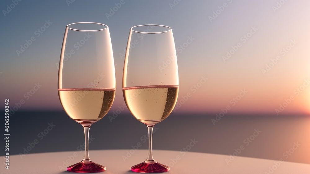 A Depiction Of A Wonderfully Atmospheric And Picturesque Sunset With Two Glasses Of Wine