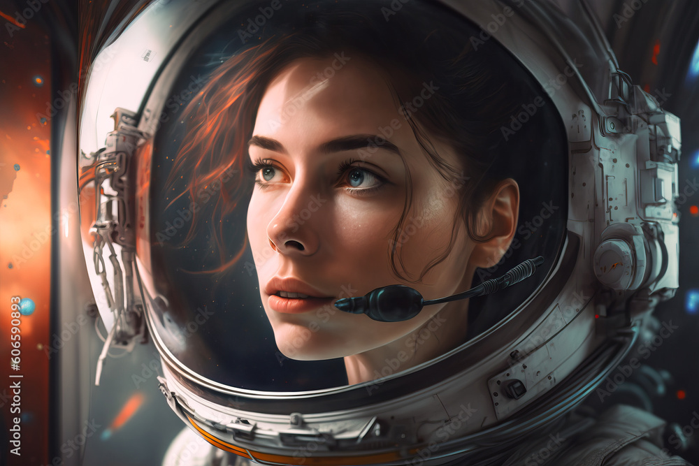 Female astronaut inside of space ship, generative ai