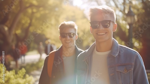 Happy multinational, gay couple enjoying a walk in the park together during a date, sunlight, smiling, laughing, LGBT couple concept, AI Generated