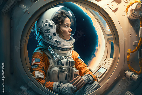 Female astronaut inside of space ship, generative ai