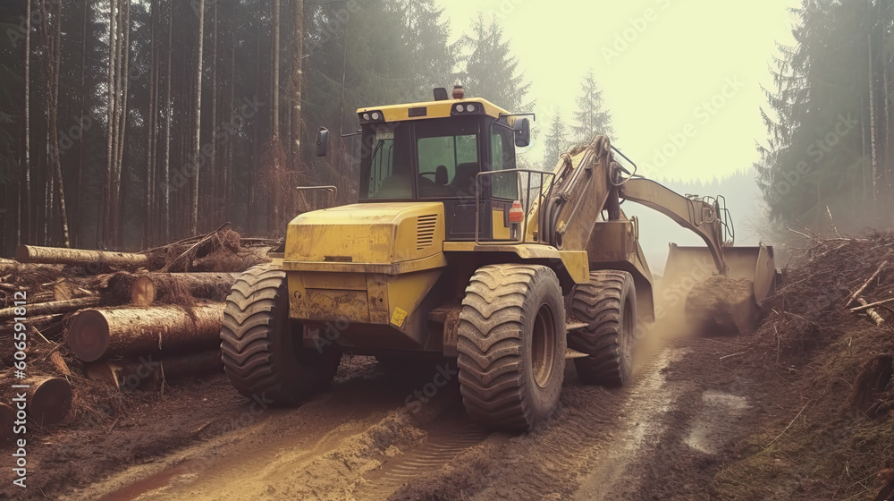 timber loader, Log stacks along forest road Generative AI
