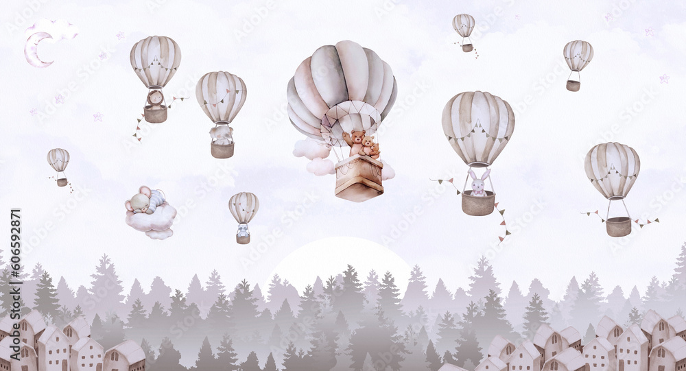 Fototapeta Baby's animals in hot air ballons, pines, clouds and little houses