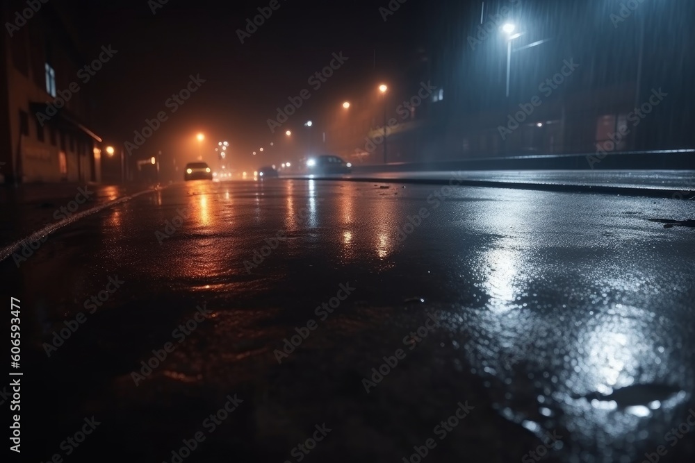 Wet asphalt reflection of lights, Generative ai