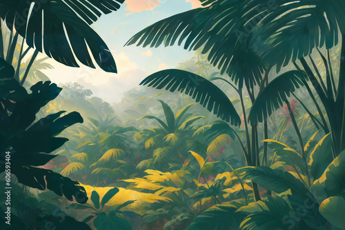 Jungle illustration. Painted beautiful tropical forest with exotic plants  palm trees  big leaves and ferns. Thicket of the rainforest. Nature drawing with green vegetation. Generative AI