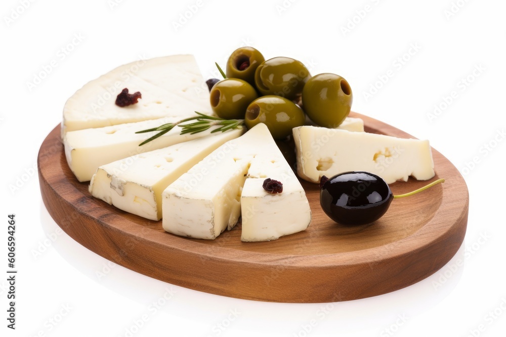 White cheese on wooden plate with olives, Generative ai