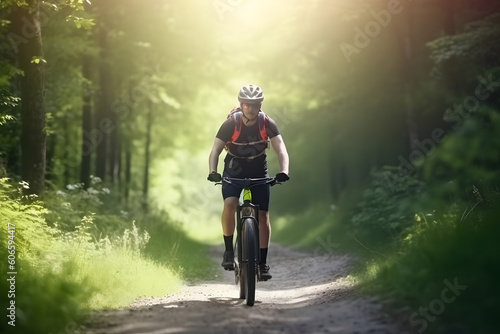 Man riding mountain bike in jungle trails, Generative AI