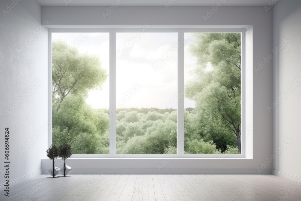 Fotografie White empty room with green landscape in window, Generative ai