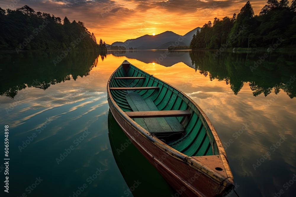 a canoe on a lake is at sunset Generative AI