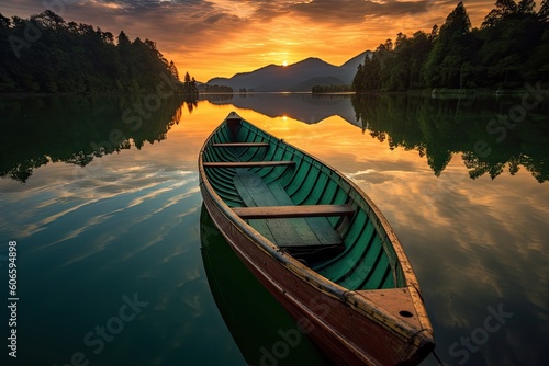 a canoe on a lake is at sunset Generative AI
