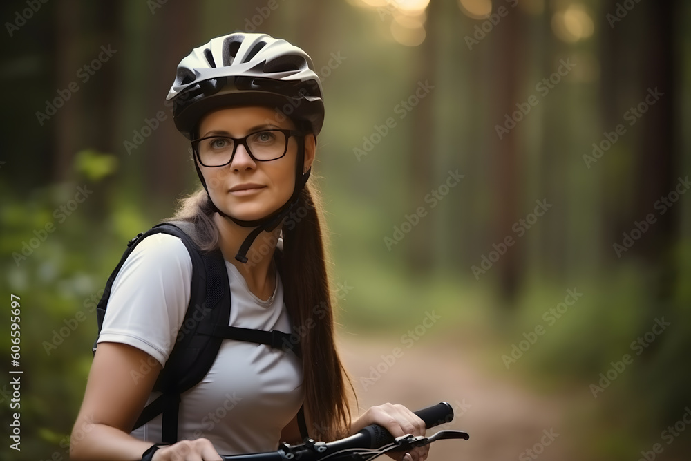 Portrait of caucasian woman wearing biking helmet, Generative AI Portrait of caucasian woman wearing biking helmet, Generative AI