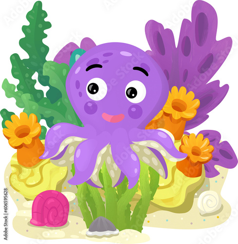cartoon scene with coral reef with swimming fish octopus isolated element illustration for kids