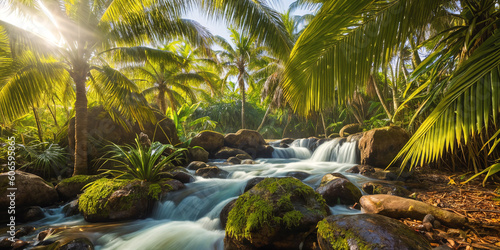Jungle on a sunny day. Beautiful tropical rainforest illustration with exotic plants  palms  big leaves and flowing water. Bright sunbeams. Background with pristine nature landscape. Generative AI